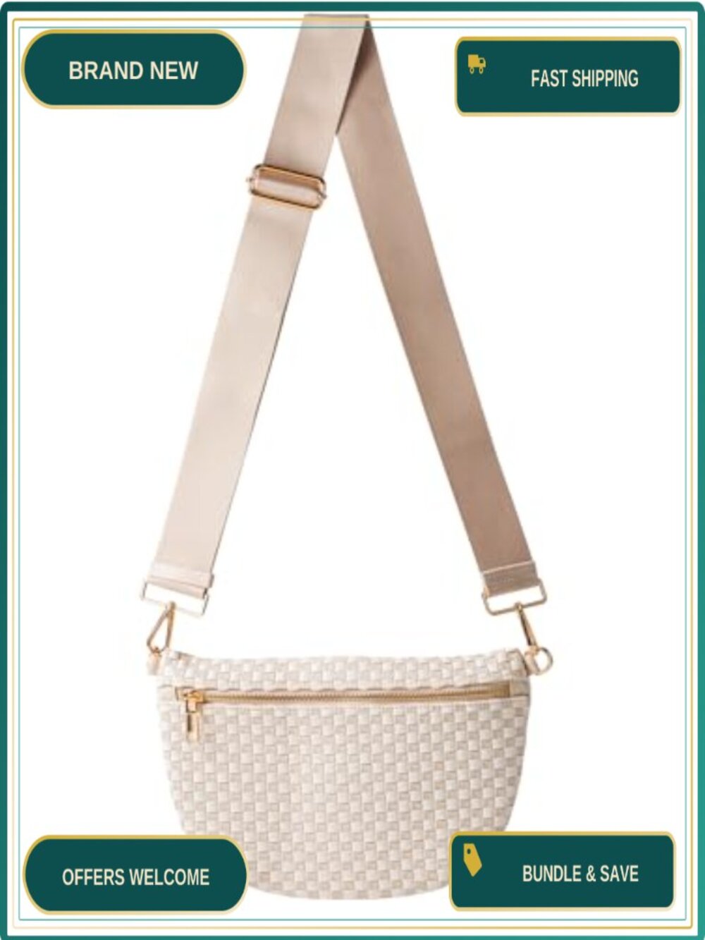 Hand-Woven Vegan Leather Crossbody Bum Bag Checkered Sling Purse Adjustable
